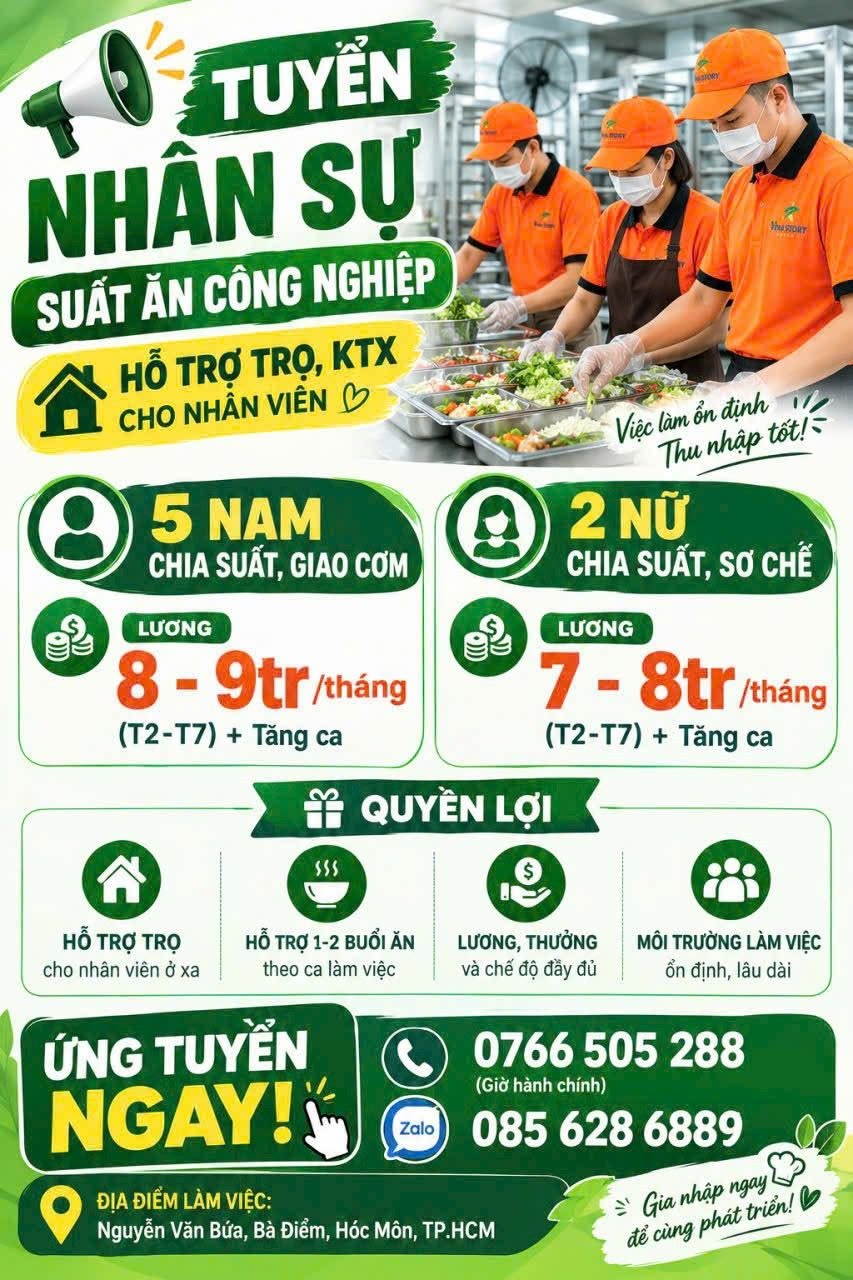 Ảnh 1 của tin: Tuyển 7 nhân viên giao/sơ chế suất ăn, TP.HCM