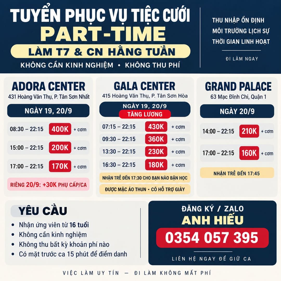 Ảnh 1 của tin: Tuyển phục vụ tiệc cưới part-time T7 CN, sự kiện TPHCM