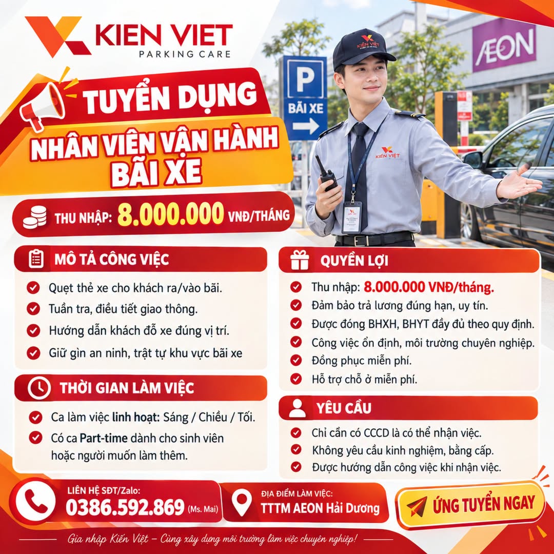 Ảnh 1 của tin: Tuyển nhân viên vận hành bãi xe, TTTM AEON, Hải Dương