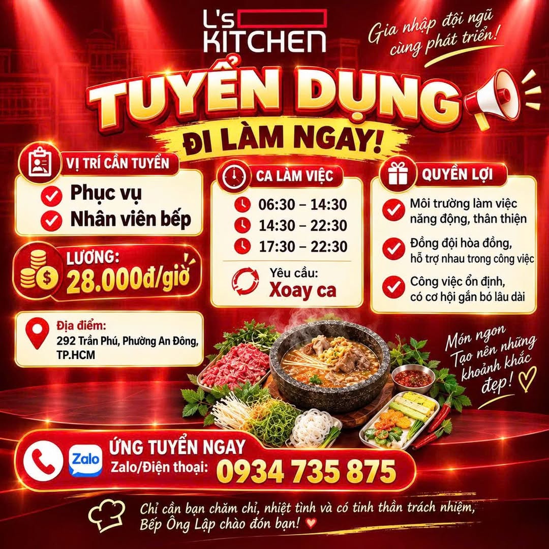 Ảnh 1 của tin: Tuyển nhân viên bếp, phục vụ ca, quán ăn TP.HCM
