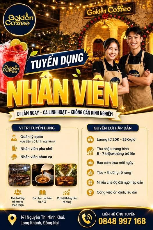 Ảnh 1 của tin: Tuyển nhân viên pha chế, phục vụ, quản lý, quán cafe Long Khánh
