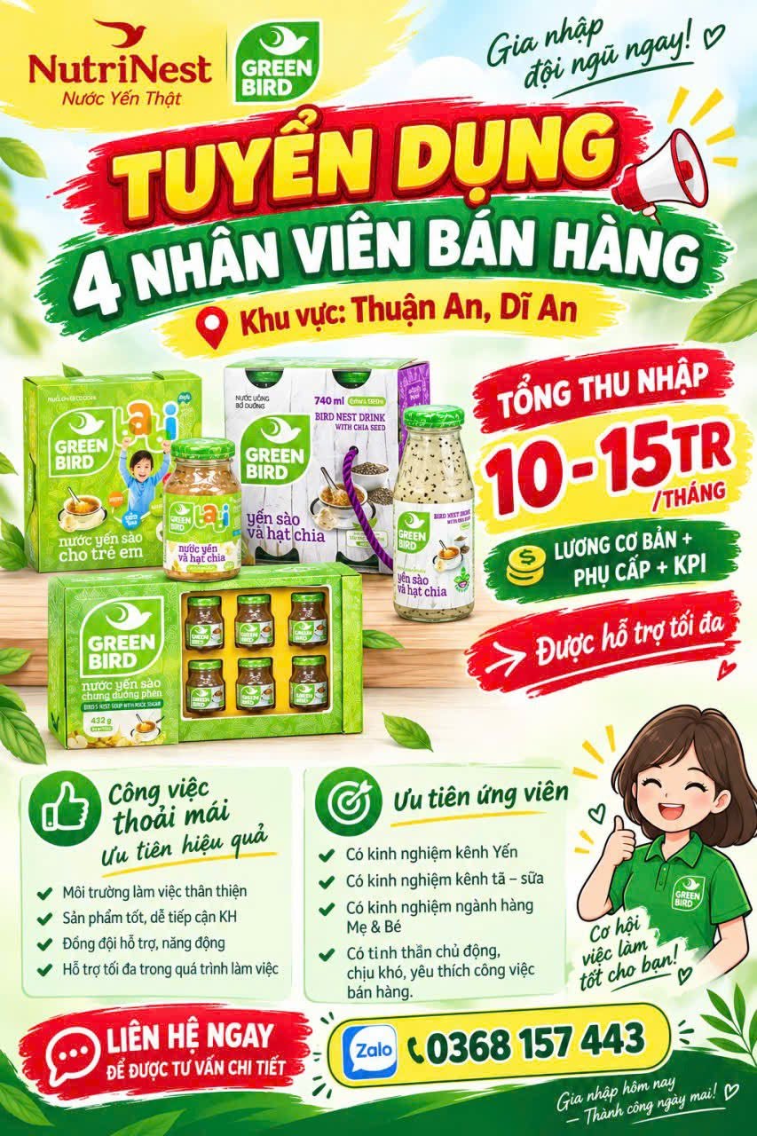 Ảnh 1 của tin: Tuyển 4 nhân viên bán hàng, Thuận An - Dĩ An