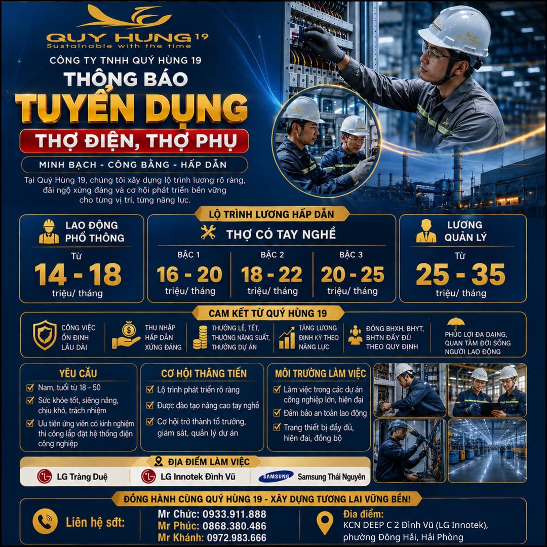 Ảnh 1 của tin: Tuyển lao động phổ thông, thợ điện, quản lý, KCN